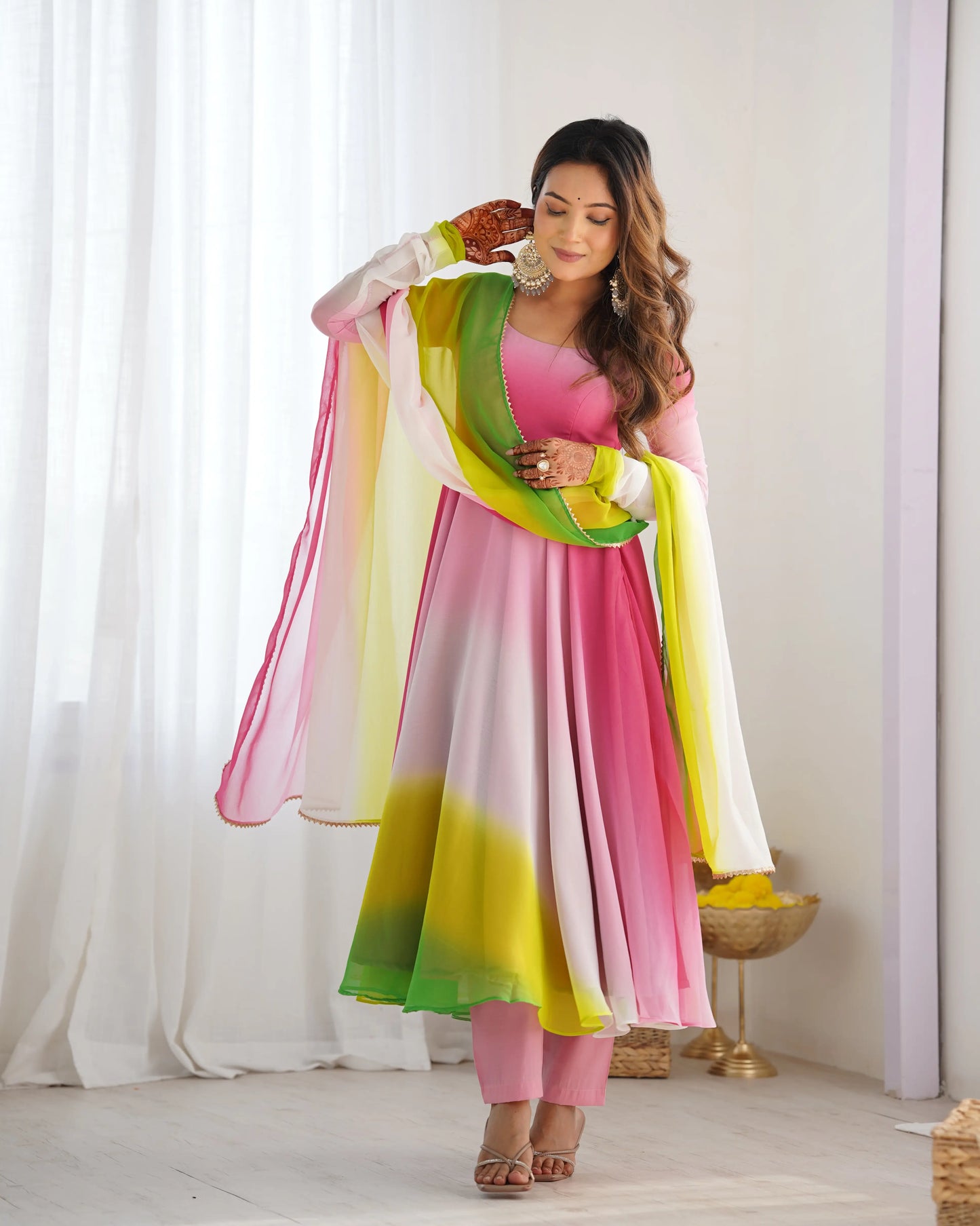 Multicolor Georgette Long Dress with Colorful Panels Rainbow Details and Dupatta