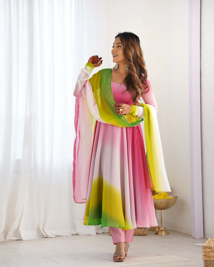 Multicolor Georgette Long Dress with Colorful Panels Rainbow Details and Dupatta