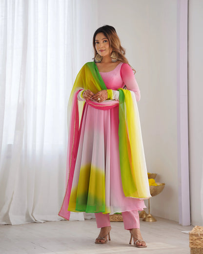Multicolor Georgette Long Dress with Colorful Panels Rainbow Details and Dupatta