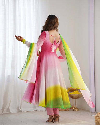 Multicolor Georgette Long Dress with Colorful Panels Rainbow Details and Dupatta