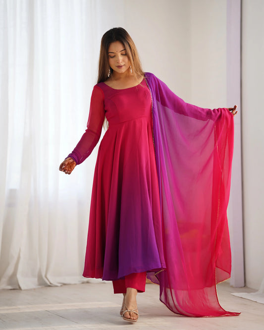 Dark Pink Georgette Long Dress with Colorful Panels and Dupatta