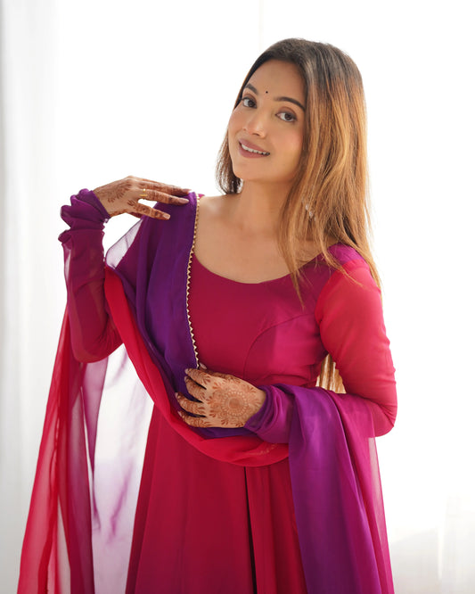 Dark Pink Georgette Long Dress with Colorful Panels and Dupatta