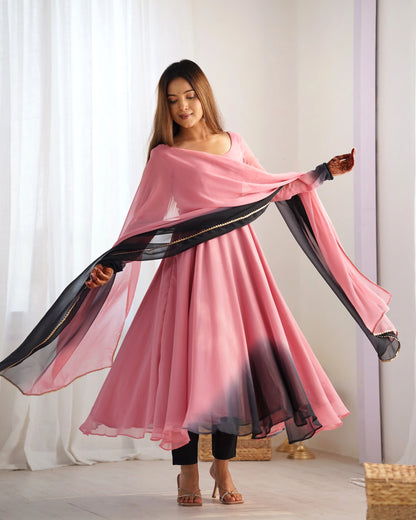 Powder Pink Georgette Long Dress with Multicolor Inserts and Dupatta