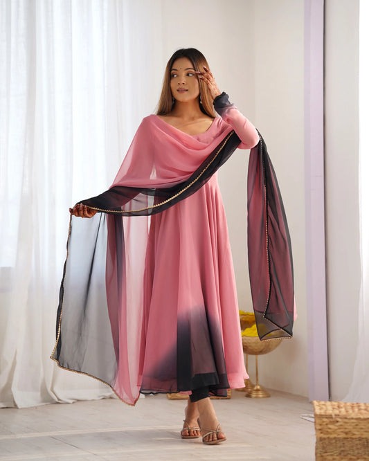 Powder Pink Georgette Long Dress with Multicolor Inserts and Dupatta