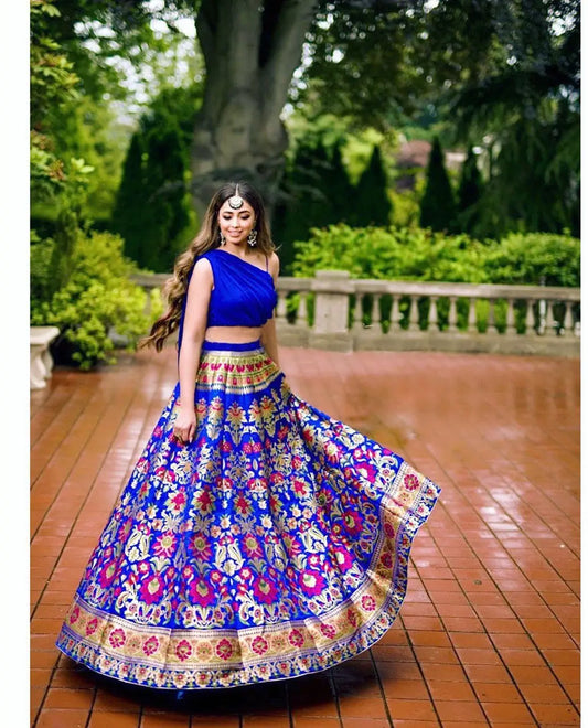 Royal Blue Banarasi Silk Lehenga Choli with Crop Top