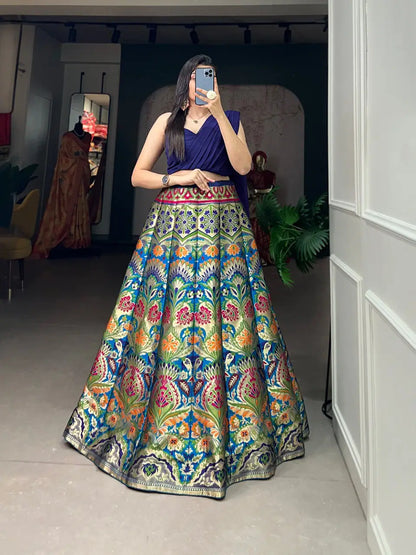 Royal Navy Blue Banarasi Silk Lehenga Choli with Crop Top