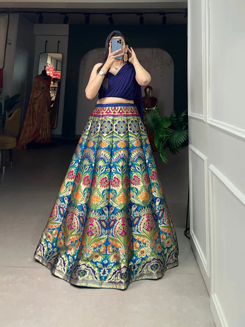 Royal Navy Blue Banarasi Silk Lehenga Choli with Crop Top