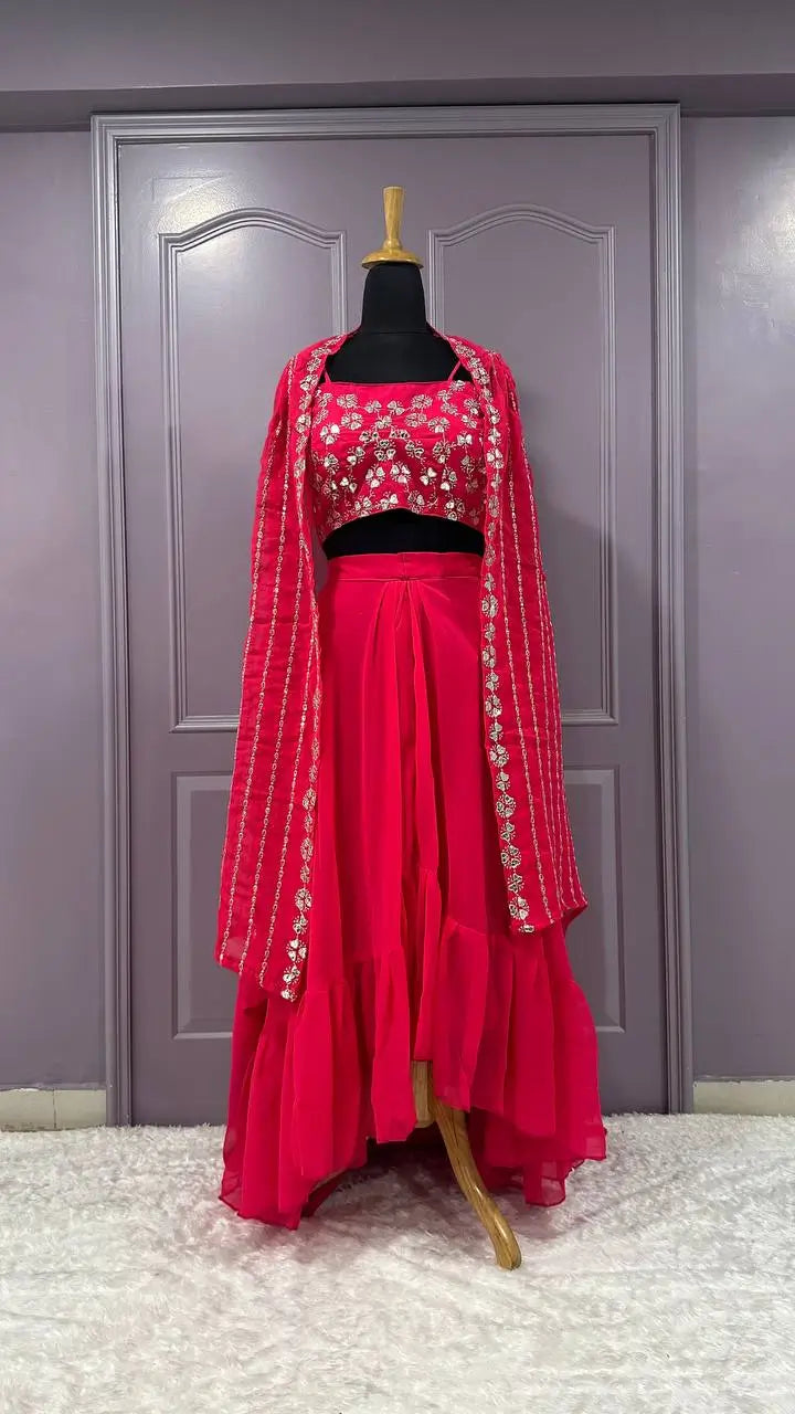 Indo-Western Sharara Set in Pink Georgette with Sequins and Paper Mirror