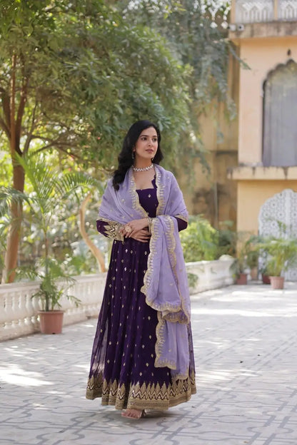 Dark Purple Long Anarkali Dress | Sequin Embroidery and Contrast Dupatta