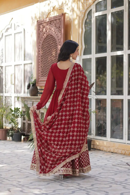 Red Long Dress | Sequin Embroidery and Richly Embellished Dupatta