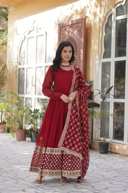Red Long Dress | Sequin Embroidery and Richly Embellished Dupatta