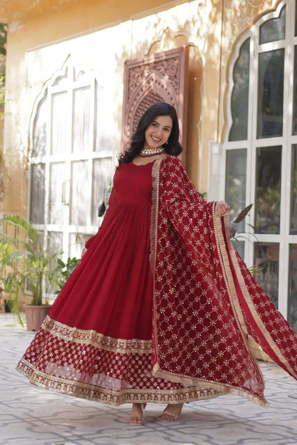 Red Long Dress | Sequin Embroidery and Richly Embellished Dupatta