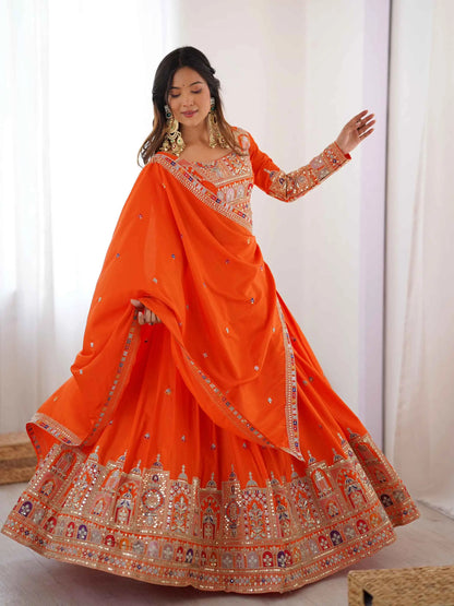 Lehenga orange intense avec broderie cording dori, accompagné d’un dupatta