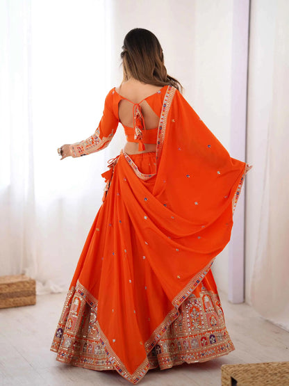 Lehenga orange intense avec broderie cording dori, accompagné d’un dupatta