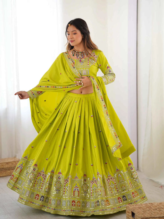 Lehenga vert néon avec Dupatta en Broderie Cording Dori