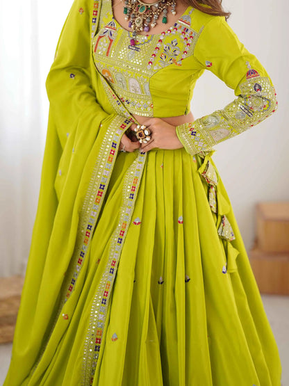 Lehenga vert néon avec Dupatta en Broderie Cording Dori
