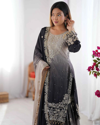 Ensemble Sharara Noir Gris avec Broderie en Cordon, Sequins et Perles Rivetées