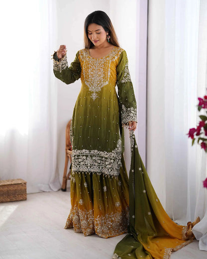 Ensemble Sharara Vert et Jaune avec Broderie en Cordon, Sequins et Perles Rivetées