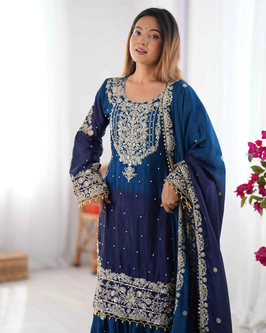 Marineblaues Sharara-Set mit Kordelstickerei, Pailletten und Nietenperlen