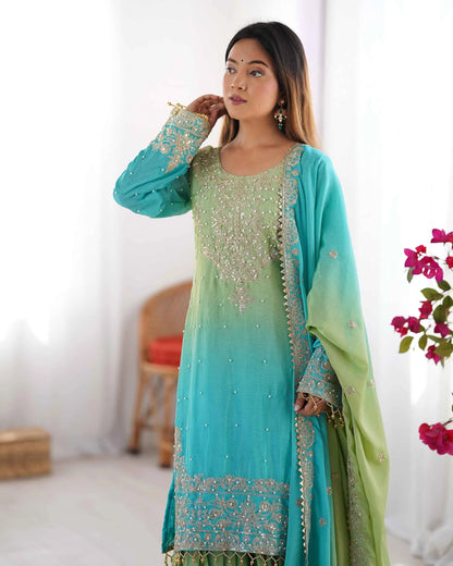 Ensemble Sharara Bleu Ciel et vert avec Broderie de Sequins Cordon et Perles Rivet