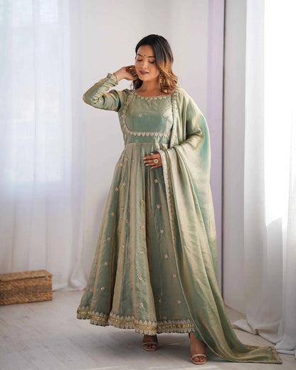 Shiny olive green designer dress with cording and sequin embroidery, accompanied by a matching dupatta