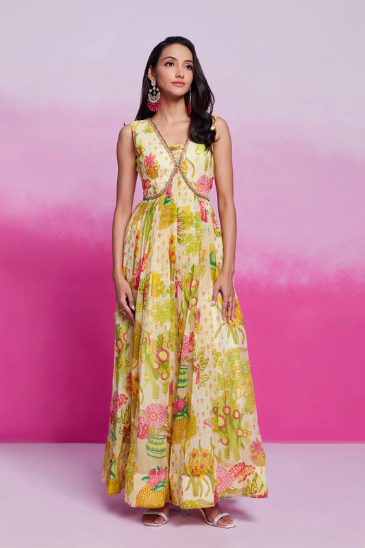 Lemon yellow printed organza dress with hand-embroidered embroidery