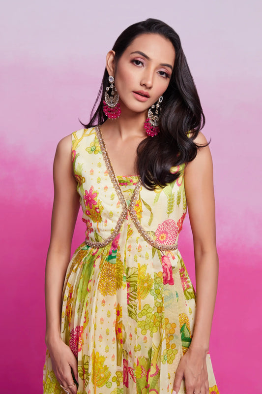 Lemon yellow printed organza dress with hand-embroidered embroidery