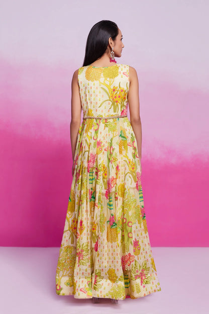 Lemon yellow printed organza dress with hand-embroidered embroidery