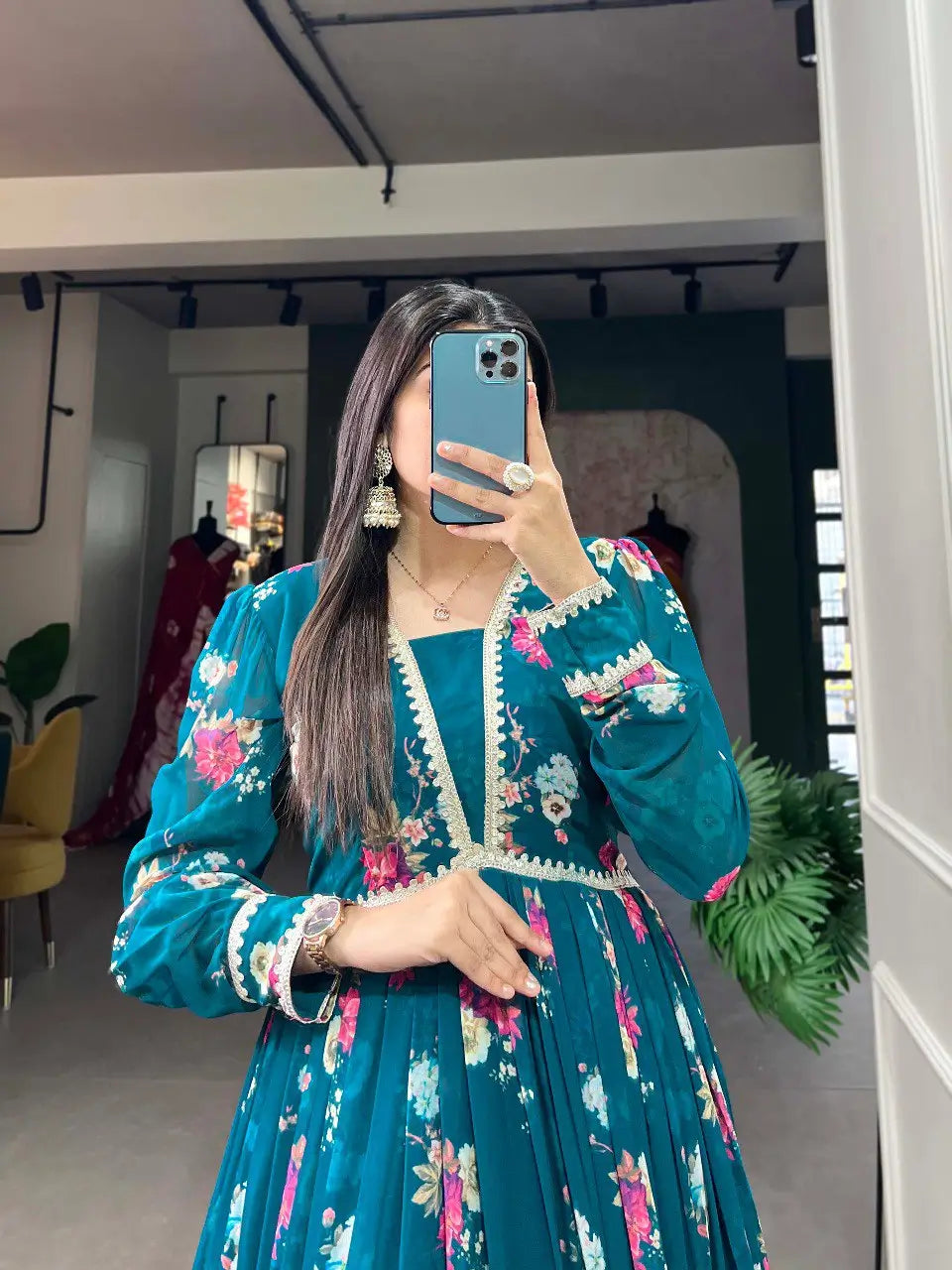 Robe en Georgette Bleu Sarcelle Foncé à Imprimé Floral