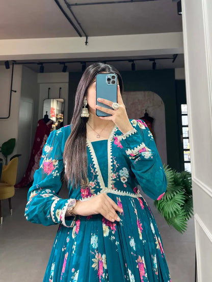 Robe en Georgette Bleu Sarcelle Foncé à Imprimé Floral