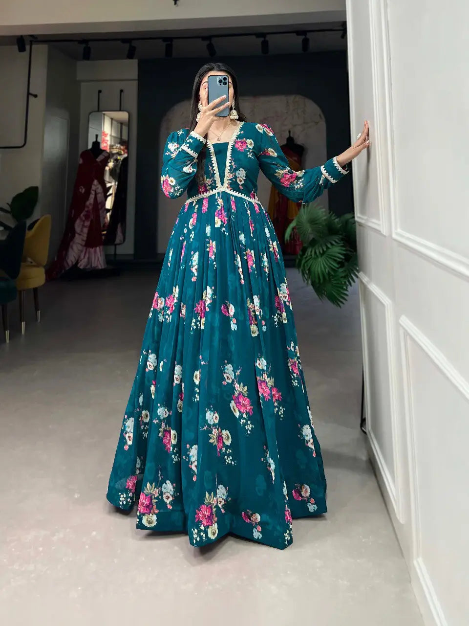 Robe en Georgette Bleu Sarcelle Foncé à Imprimé Floral