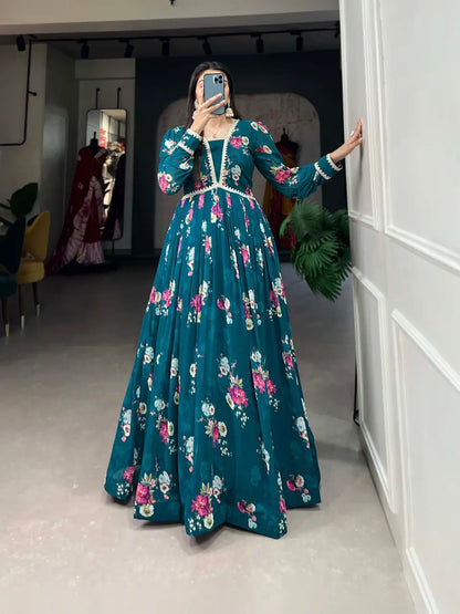 Robe en Georgette Bleu Sarcelle Foncé à Imprimé Floral