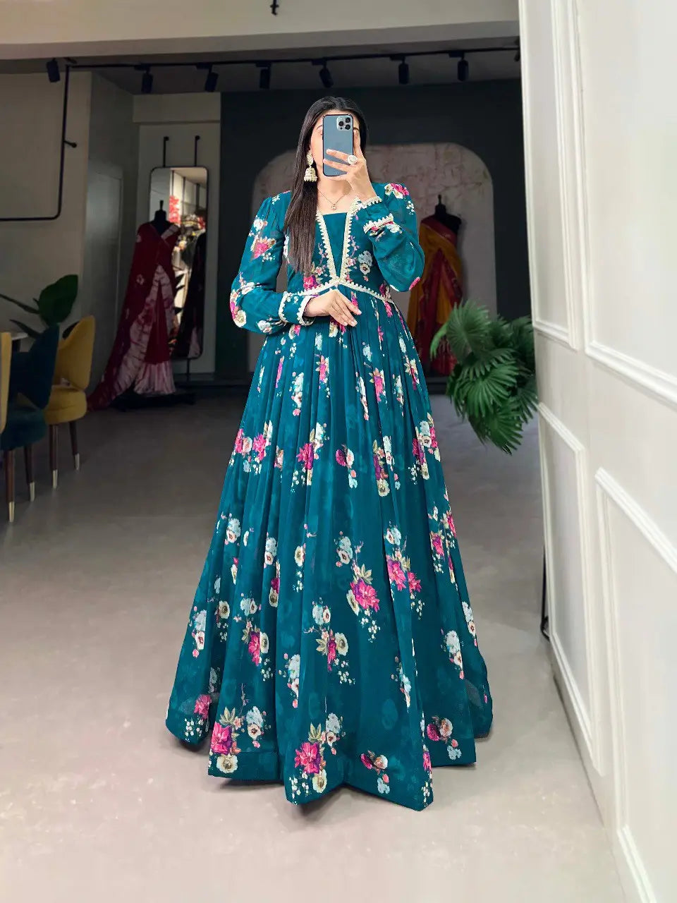Robe en Georgette Bleu Sarcelle Foncé à Imprimé Floral
