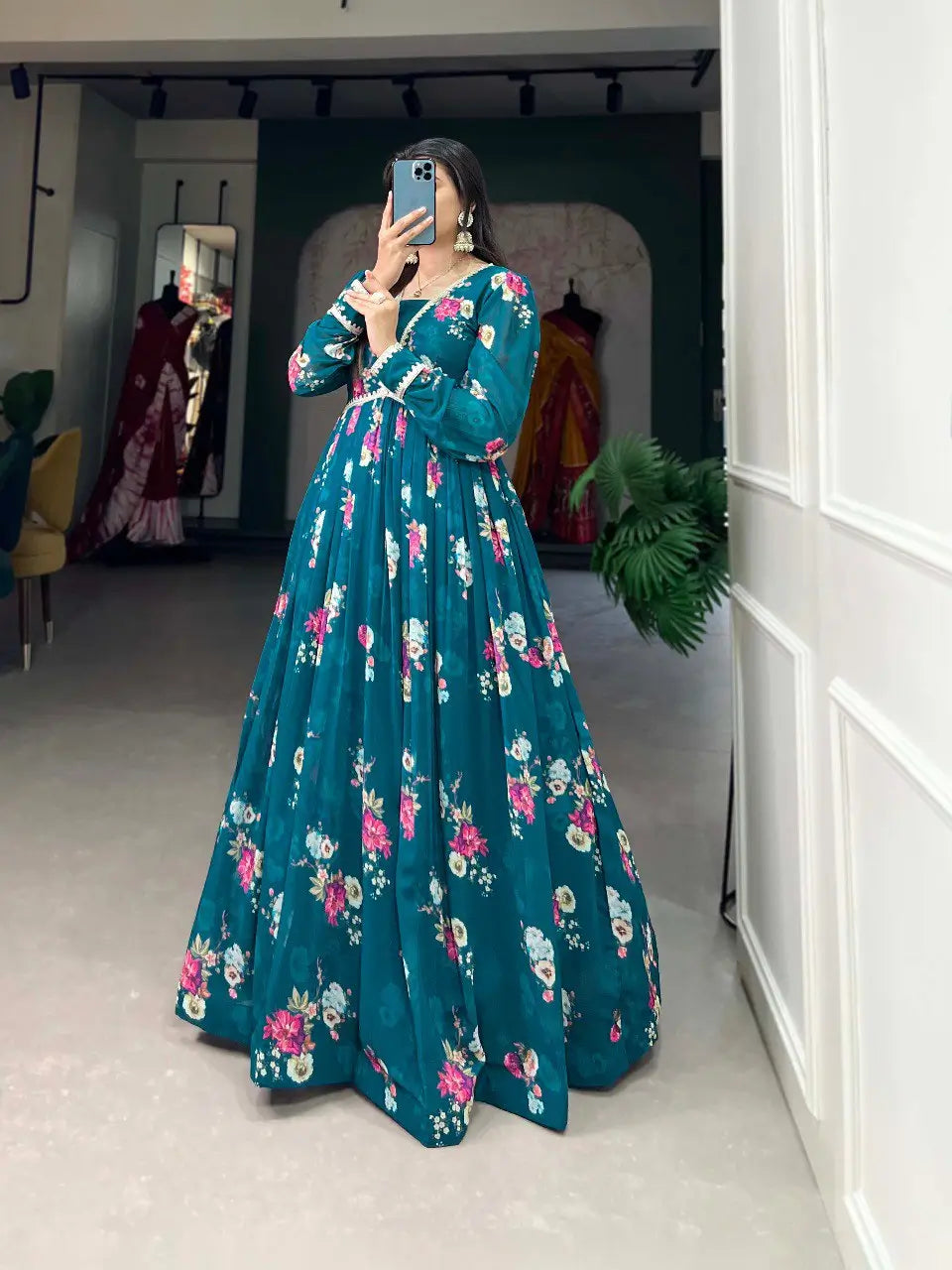 Robe en Georgette Bleu Sarcelle Foncé à Imprimé Floral